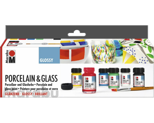 Marabu Porzellan und Glasfarbe Set mit sechs Farbtöpfen und einem Pinsel für glänzende Ergebnisse auf Porzellan oder Glas.
