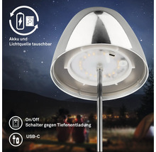 LED Tischleuchte mit tauschbarem Akku und Leuchtmittel, inklusive Ein Aus Schalter gegen Tiefentladung und USB C Ladeanschluss.