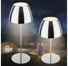 Zwei moderne LED Tischleuchten mit glänzender Oberfläche und integriertem Ein und Ausschalter fuer den Innen und Aussenbereich.