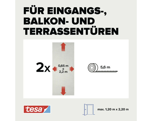 Tesa Insektenschutz für Eingangs-, Balkon- und Terrassentüren mit zwei Gewebebahnen je 0,65 Meter mal 2,20 Meter und 5,6 Meter Befestigungsband.