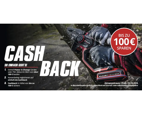 Einhell Cashback Aktion für Power X-Change Geräte und Akkus mit bis zu 100 Euro Ersparnis bei Einhell.