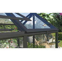Detailansicht eines Gewächshauses mit Dachfenster und transparenten Glasscheiben in einem Garten.