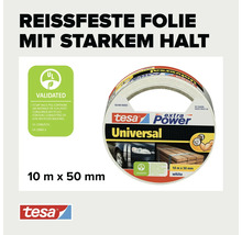 Eine Rolle tesa extra Power Universal Gewebeband mit 10 Meter Länge und 50 Millimeter Breite inklusive Nachhaltigkeitssiegel.