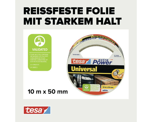 Eine Rolle tesa extra Power Universal Gewebeband mit 10 Meter Länge und 50 Millimeter Breite inklusive Nachhaltigkeitssiegel.