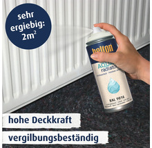Eine Hand sprüht Belton Aqua Heizkörperlack aus der Dose auf einen Heizkörper für eine hohe Deckkraft und Vergilbungsbeständigkeit.