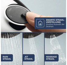 Handbrause mit drei Strahlarten Rain Jet und Massage sowie intuitiver Umstellung per Knopfdruck.