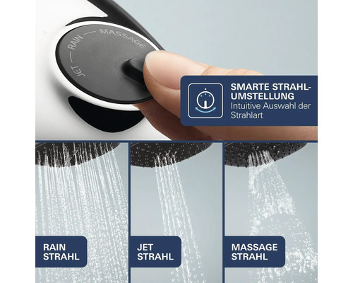 Handbrause mit drei Strahlarten Rain Jet und Massage sowie intuitiver Umstellung per Knopfdruck.