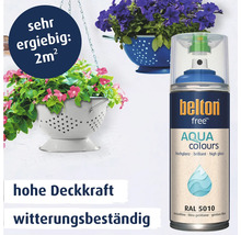Belton free Aqua Colours Sprühlack in Enzianblau RAL 5010 mit hoher Deckkraft und Witterungsbeständigkeit für zwei Quadratmeter Ergiebigkeit.