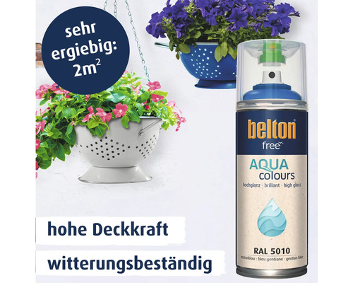 Belton free Aqua Colours Sprühlack in Enzianblau RAL 5010 mit hoher Deckkraft und Witterungsbeständigkeit für zwei Quadratmeter Ergiebigkeit.
