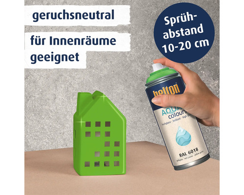 Eine Hand hält eine Belton Aqua Sprühdose vor ein kleines Hausobjekt mit Hinweisen zu Geruchsneutralität und Sprühabstand.