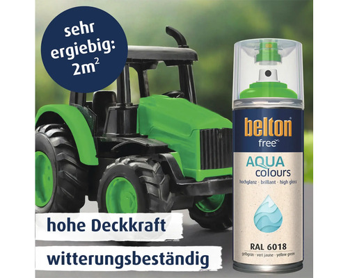 Belton free Aqua Colours Sprühlack in Gelbgrün RAL 6018, hochglänzend, witterungsbeständig für 2 Quadratmeter.
