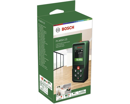 Bosch Laser Entfernungsmesser PLM 50 23 in Originalverpackung mit technischen Angaben zur Messreichweite und Speicherfunktion