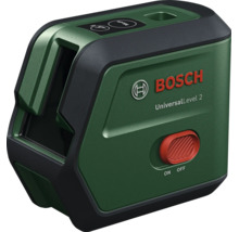 Bosch Kreuzlinienlaser UniversalLevel 2 mit Ein und Ausschalter sowie Moduswahltaste für präzises Nivellieren und Ausrichten bei Heimwerkerarbeiten.