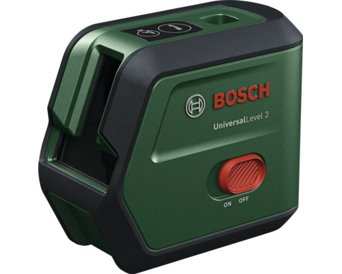 Bosch Kreuzlinienlaser UniversalLevel 2 mit Ein und Ausschalter sowie Moduswahltaste für präzises Nivellieren und Ausrichten bei Heimwerkerarbeiten.