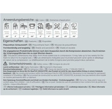 Produktinformationen mit Anwendungsbereichen, Eigenschaften und Sicherheitshinweisen für Polyurethan-Schaumstoff als Infografik.