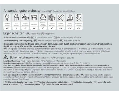 Produktinformationen mit Anwendungsbereichen, Eigenschaften und Sicherheitshinweisen für Polyurethan-Schaumstoff als Infografik.