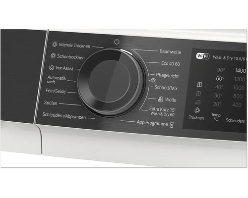Bedienblende eines Waschtrockners mit Drehwahlschalter fuer Programme und digitalem Display mit WLAN Symbol.