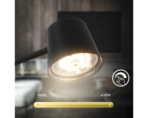 Dimmbare LED Schreibtischleuchte mit Touchsteuerung und Anzeige der Helligkeitsstufen von 10 Prozent bis 100 Prozent.
