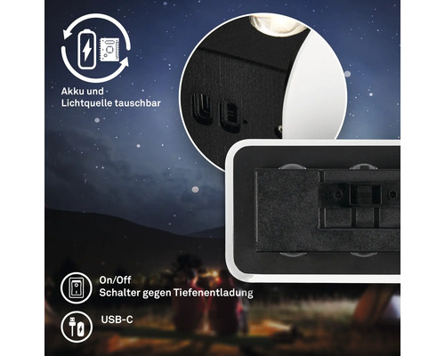 Wandleuchte mit austauschbarem Akku und Leuchtmittel, Ein und Ausschalter gegen Tiefentladung sowie USB C Ladeanschluss