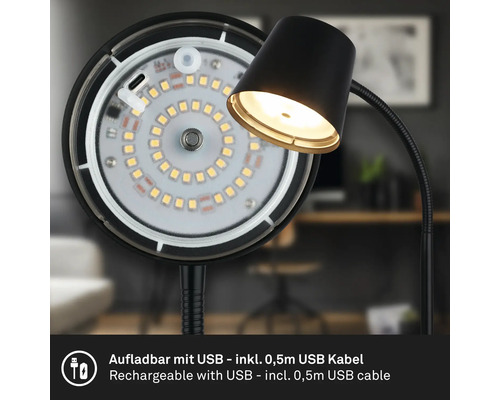 Wiederaufladbare LED Tischleuchte mit USB Anschluss und Schwanenhals, inklusive 0,5 Meter USB Kabel.