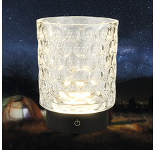 Tragbare LED Tischleuchte aus Glas mit Wabenmuster auf einem Sockel mit Touchschalter.