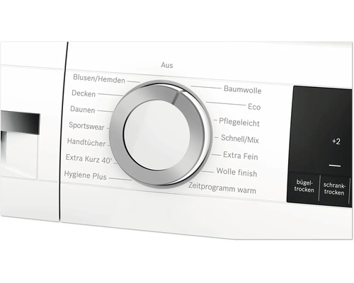 Bedienblende eines Wäschetrockners mit Drehwahlschalter für verschiedene Trockenprogramme und Touchdisplay für Trocknungsgrade