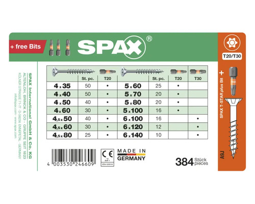 SPAX Universalschrauben Sortiment mit 384 Teilen inklusive T20 und T30 Bits in verschiedenen Größen