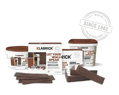 Elabrick Riemchen Set mit Haftmörtel, Grundierung, Eckriemchen und flachen Riemchen zur Wandverkleidung.