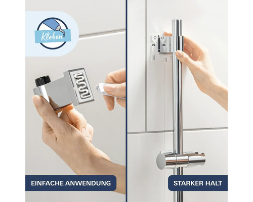 Grohe Brausestangenhalterung mit Klebemontage Anleitung inklusive Tube Klebstoff zur einfachen Wandbefestigung an Fliesen.