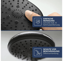 Duschkopf mit Silikonnoppen zur einfachen Reinigung und einer stoßfesten Silikonumrandung zum Schutz vor Beschädigungen.