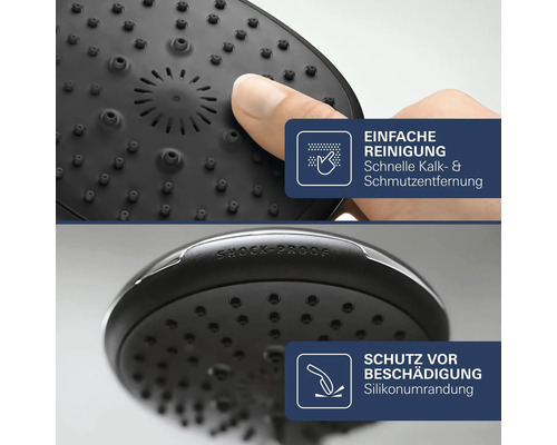 Duschkopf mit Silikonnoppen zur einfachen Reinigung und einer stoßfesten Silikonumrandung zum Schutz vor Beschädigungen.