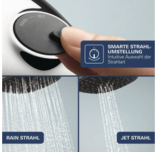 Handbrause mit verstellbarem Duschstrahl zwischen Rain und Jet Modus per Knopfdruck für eine intuitive Strahlartenumstellung.