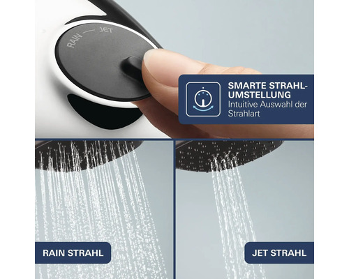 Handbrause mit verstellbarem Duschstrahl zwischen Rain und Jet Modus per Knopfdruck für eine intuitive Strahlartenumstellung.