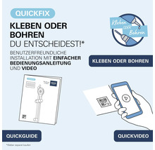 Grohe QuickFix Installationshilfe mit Wahlmöglichkeit zwischen Kleben oder Bohren inklusive Quickguide und Videoanleitung für die Montage.