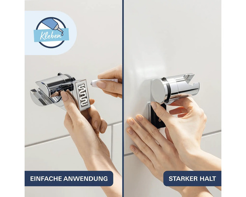 Montageanleitung für Duschbrausehalter mit Klebebefestigung zur einfachen Anbringung an der Wand ohne Bohren.