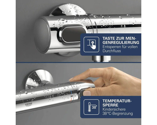 Grohe Thermostatbatterie mit Mengengriff und Sicherheitssperre bei 38 Grad Celsius.