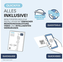Infografik zum Grohe QuickFix Installationssystem mit QuickSpanner, Montageanleitung, QR Code für Installationsvideo und Kleben oder Bohren Option.