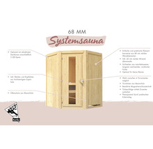 Systemsauna aus nordischer Fichte mit 68 Millimeter Wandstärke inklusive Bank und Tür von Karibu