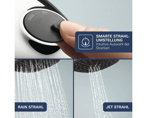 Handbrause mit manueller Strahlumstellung zwischen Rain und Jet Strahl durch Drehen des Einstellknopfes für ein individuelles Duscherlebnis.