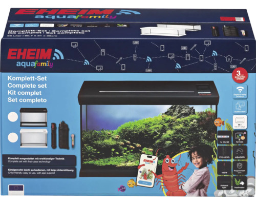 EHEIM aquafamily Komplettset Aquarium mit 66 Litern Inhalt inklusive Technik und Appsteuerung in der Produktverpackung