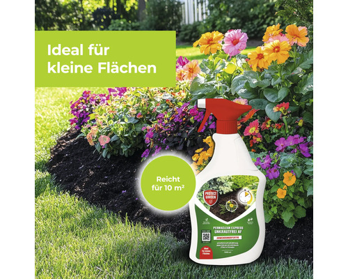 Permaclean Express Unkrautfrei AF Sprühflasche zur Unkrautbekämpfung auf kleinen Flächen für 10 Quadratmeter vor einem blühenden Blumenbeet.