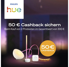 Philips Hue Werbeaktion mit 50 Euro Cashback beim Kauf von 2 Produkten ab einem Gesamtwert von 300 Euro für smarte LED Beleuchtung.