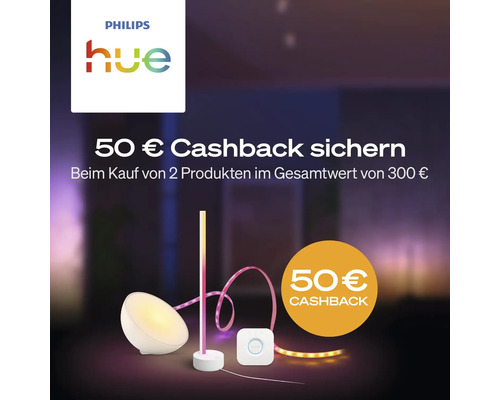 Philips Hue Werbeaktion mit 50 Euro Cashback beim Kauf von 2 Produkten ab einem Gesamtwert von 300 Euro für smarte LED Beleuchtung.