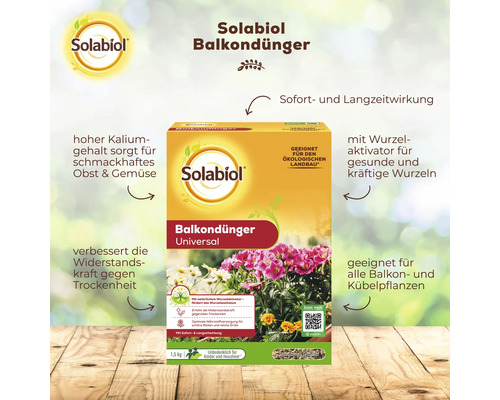 Solabiol Balkondünger Universal 1,5 Kilogramm Packung mit Sofort- und Langzeitwirkung für alle Balkon- und Kübelpflanzen, geeignet für Ökolandbau.
