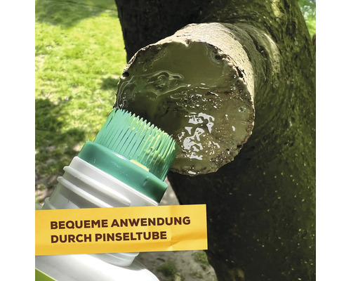 Wundverschlussmittel mit integriertem Pinselaufsatz zum Auftragen auf eine Schnittstelle an einem Baumstamm.
