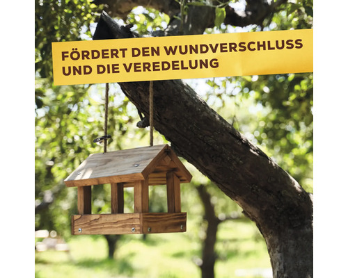Ein hölzernes Vogelhäuschen hängt an einem Baum, über dem ein Schild mit dem Text fördert den Wundverschluss und die Veredelung angebracht ist.