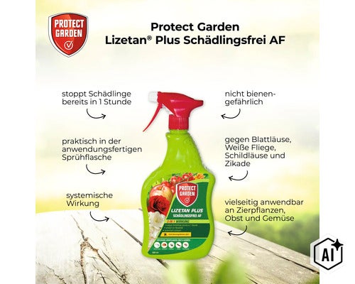 Protect Garden Lizetan Plus Schädlingsfrei AF in der anwendungsfertigen Sprühflasche mit 800 Milliliter Inhalt zur Schädlingsbekämpfung im Garten. (Image AI modified or generated)