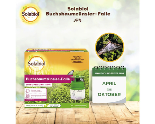 Solabiol Buchsbaumzünsler Falle zur Befallsermittlung im Garten mit Pheromonen für den Zeitraum von April bis Oktober geeignet.