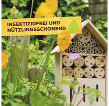 Holz Insektenhotel für den Garten mit Niströhren und Symbol für Insektizidfrei und Nützlingsschonend.