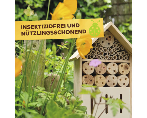 Holz Insektenhotel für den Garten mit Niströhren und Symbol für Insektizidfrei und Nützlingsschonend.
